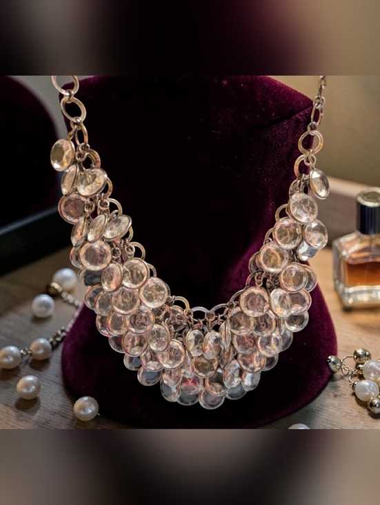 Jewelry - Gold Tone Statement Bib Necklace with Faceted Crystal Drops